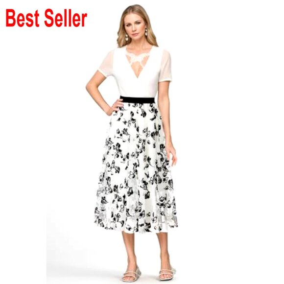 Midi Tulle Skirt with Floral Lace, High Waist, 3 Layers, Summer Casual - Picture 3 of 7